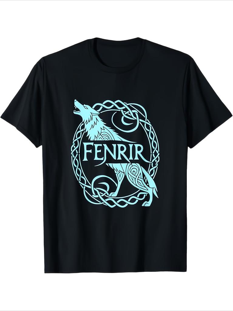 With Norse Mythology Graphic (Fenrir Wolf&Geometric Patterns) Design-100% Cotton O-neck Short Sleeve Printed Men's T-shirt.