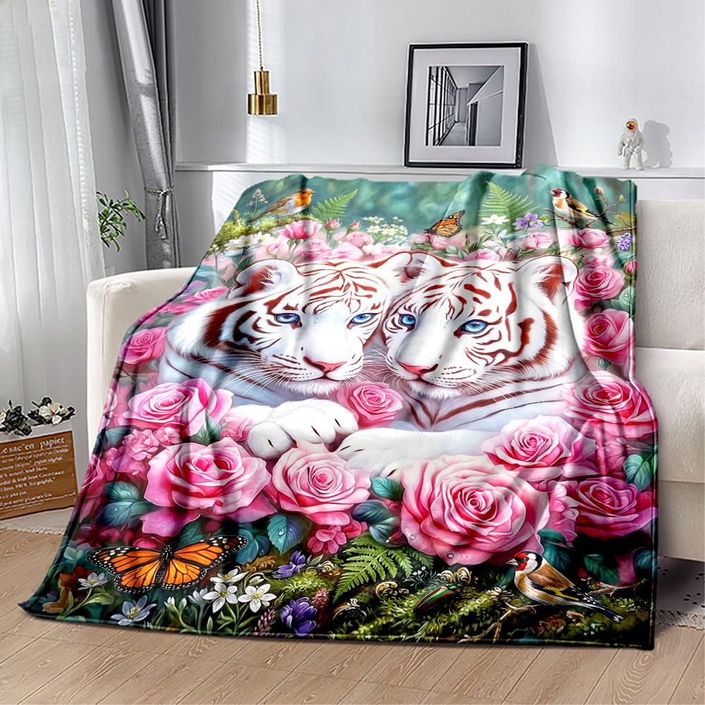 Tiger And Roses Blanket Suitable for Offices, Travel, Living Rooms Also a Good Gift for Friends and Family Suitable for All Seasons.