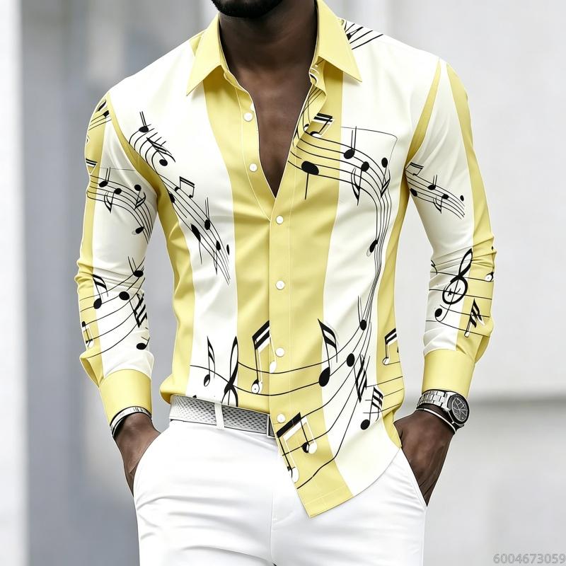 Men's Collared Shirt with Creative Musical Note Print, Trendy Long-sleeved Casual Top for Everyday Wear, Dates, and Outings.