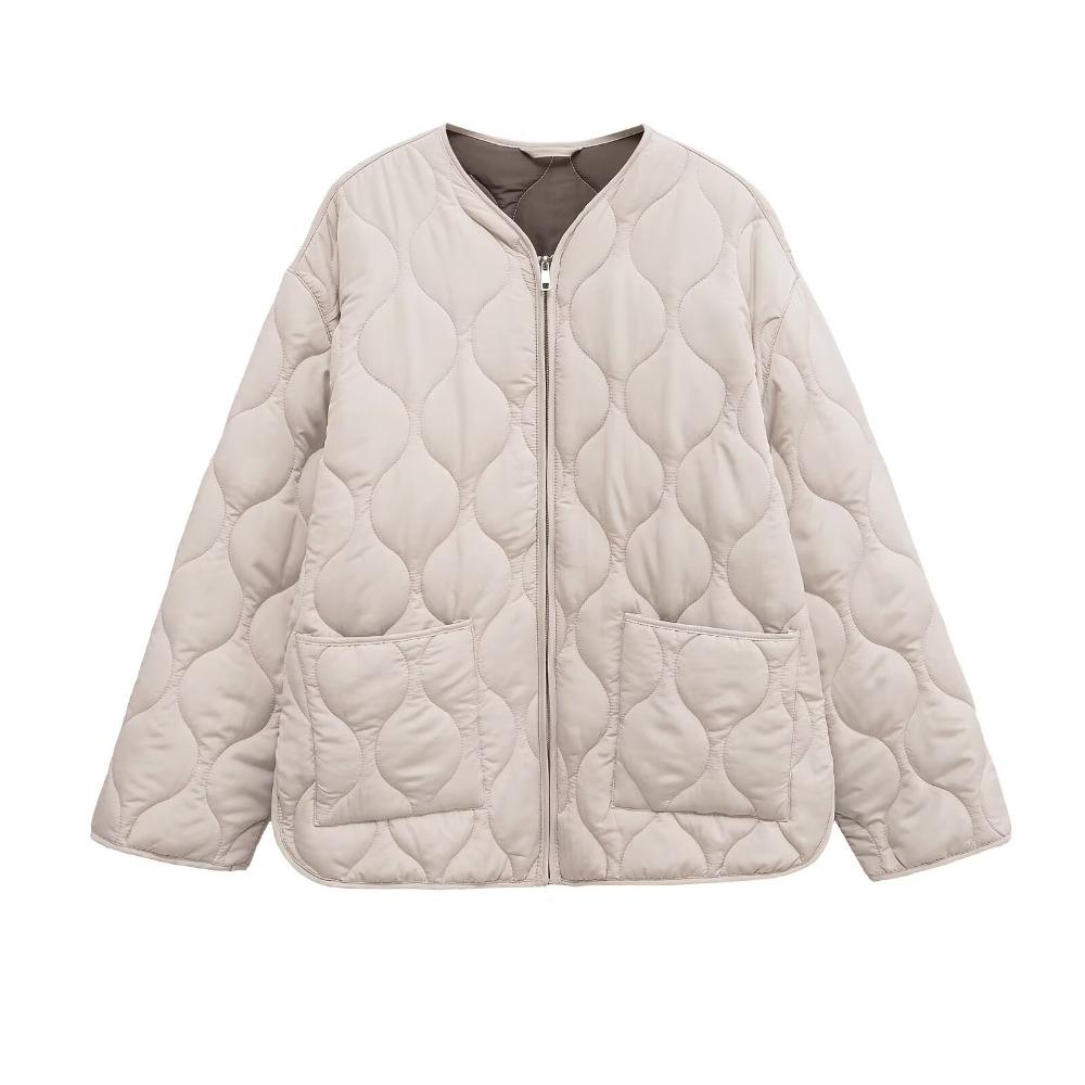 Women's Autumn & Winter Quilted Cotton Jacket: Comfortable Round Neck, Long Sleeves, Zipper Pockets, Warm Outerwear