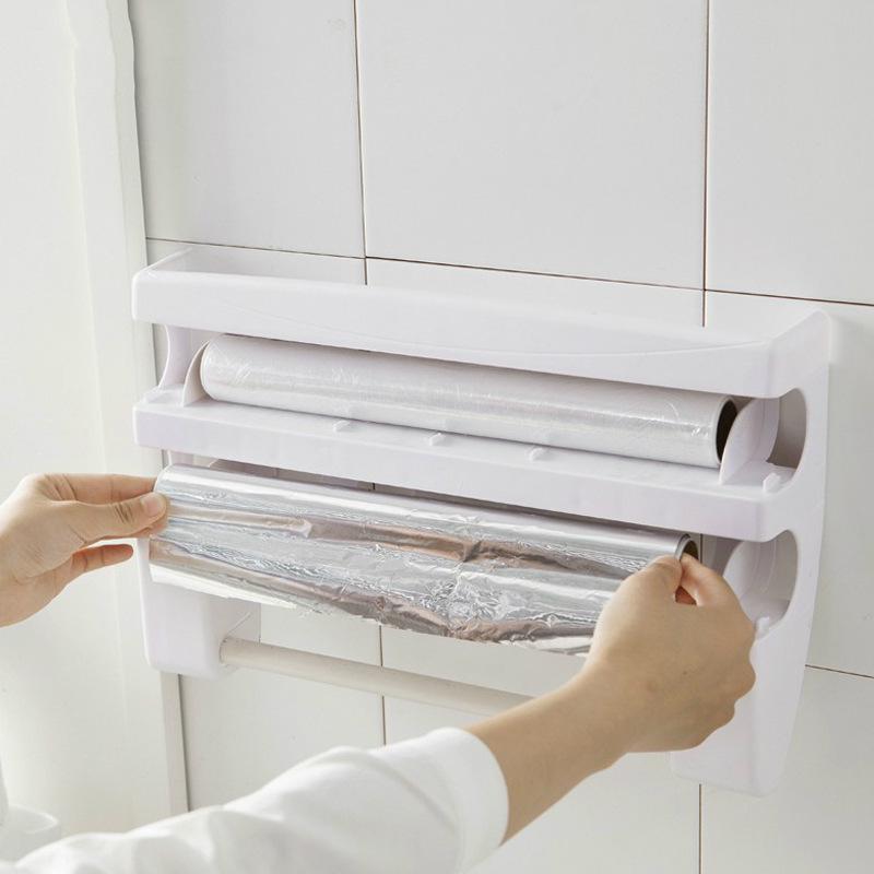 Multifunctional Wall-Mounted Kitchen Storage Rack with Cutter for Plastic Wrap, Foil, and Paper Towels
