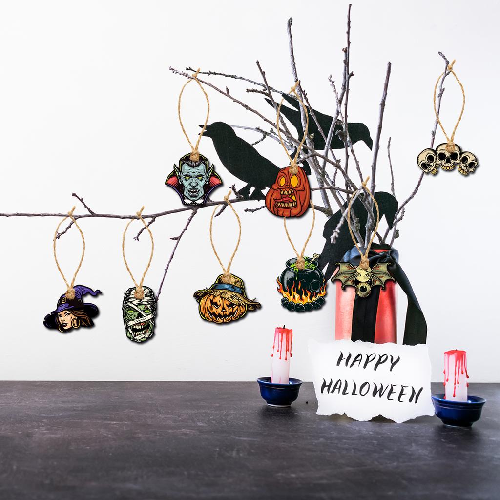 8pcs Vintage Halloween Tree Ornament Decorations Horror Pumpkin Witch skull pendant Hanging Tag for Halloween Party home Decor