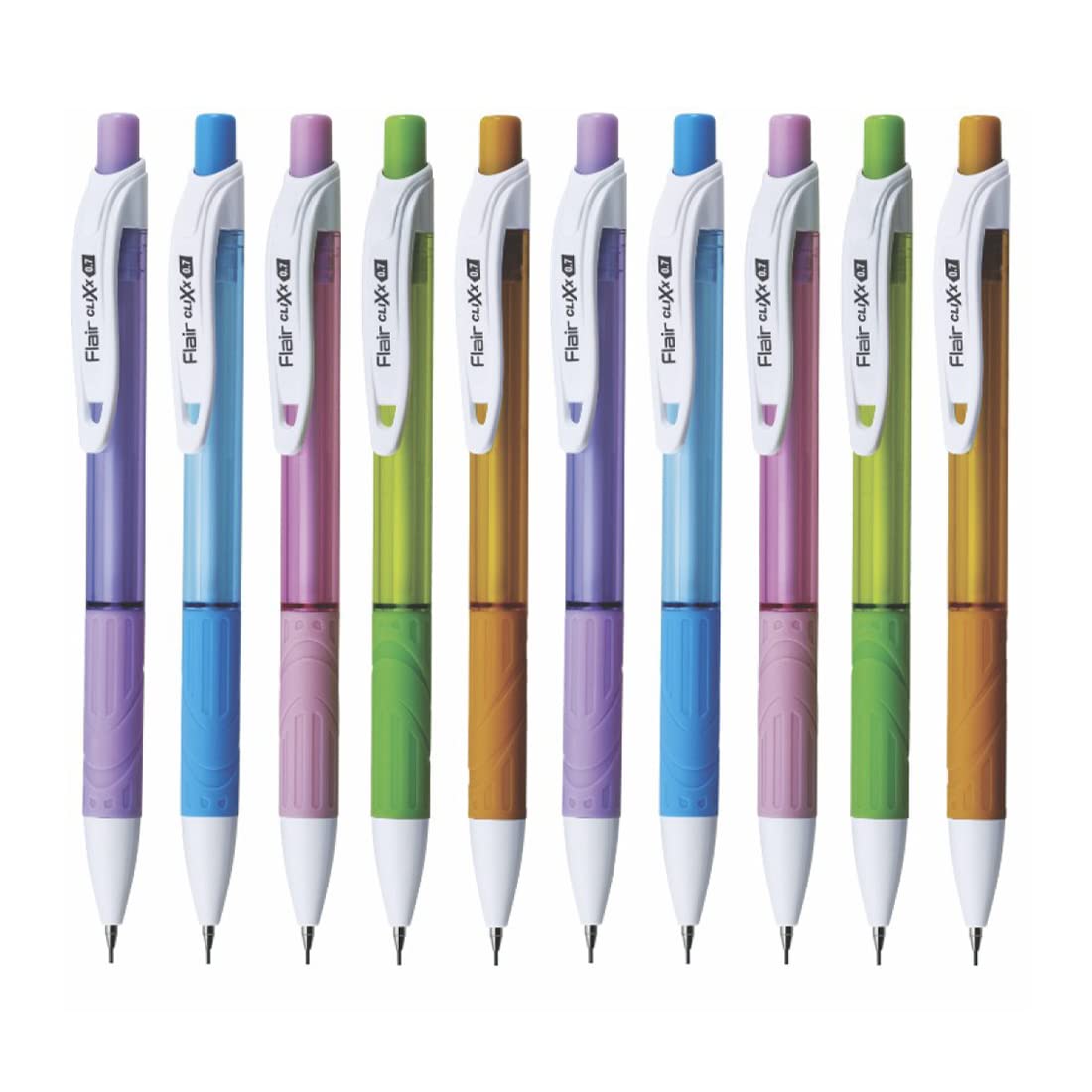 FLAIR Clixx 0.7 mm Mechanical Pencil Pack of 10 | Triangular Barrel, Ergonomic Grip, Free Lead Tube, Lightweight for School & Office