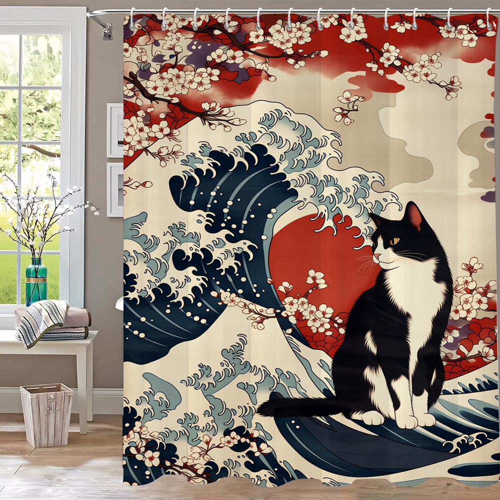 Wave Sunrise Cat Print Waterproof Shower Curtain Partition Privacy Hanging Curtain With 12 Hooks Multiple Sizes Machine Washable