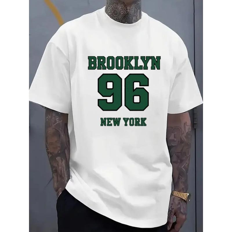 WesBestop European Size Men's White Crew Neck Brooklyn 96 Tee, Lightweight Short Sleeve Top, Hip Hop Street Style, For Spring Summer Outdoor Sports L