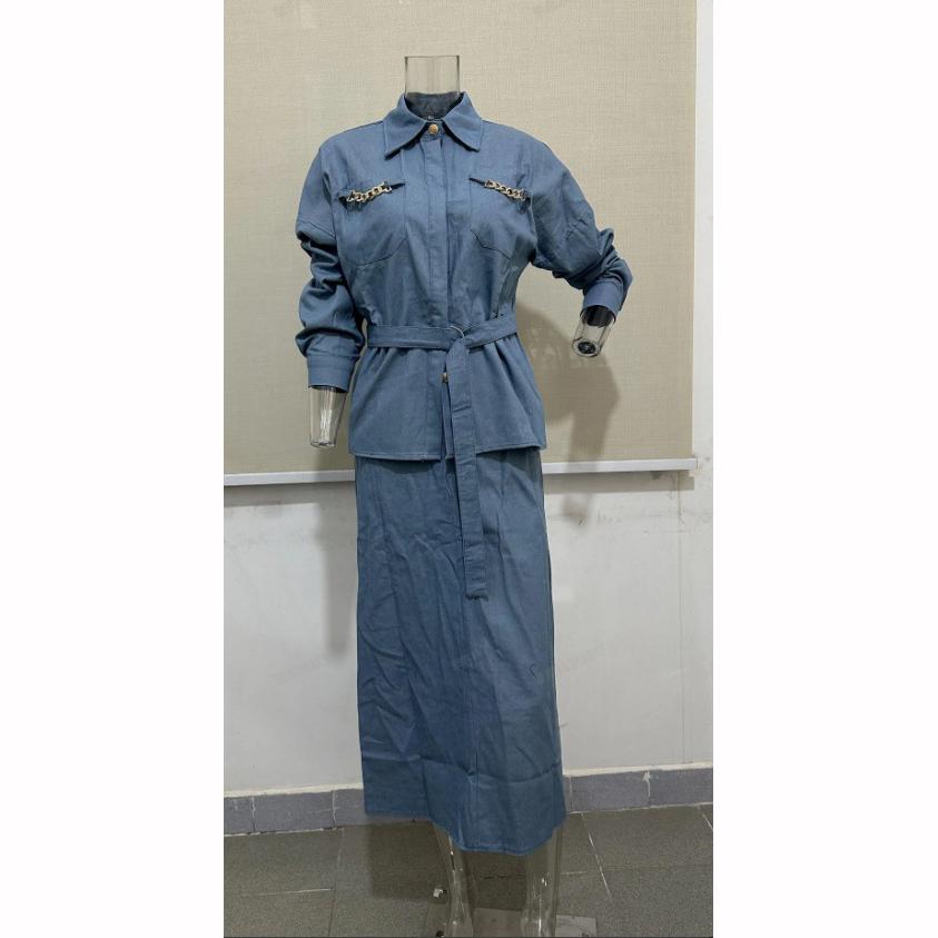 Spring Autumn European American Fashion Distressed Washed Casual Denim Blouse Skirt Suit Trend