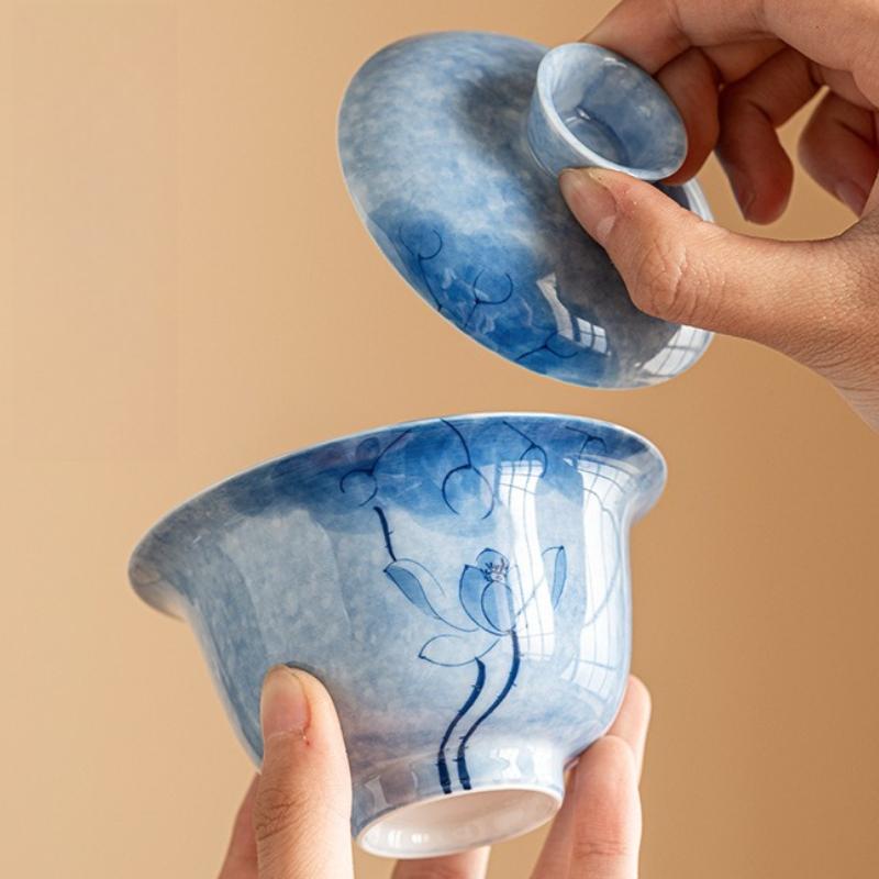 Hand-Painted Blue Lotus Gaiwan Aesthetic Anti Scalding Tea Tureen Household Making Cover Bowl Services Ornaments