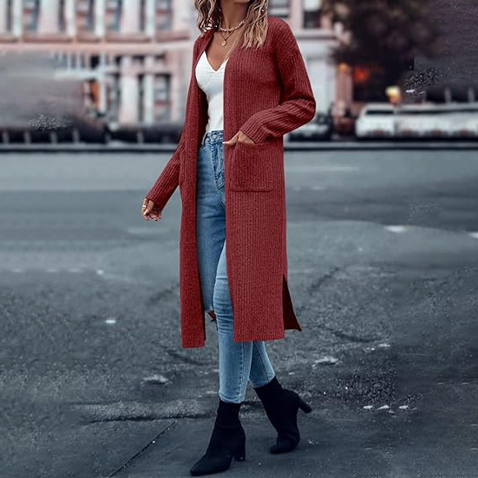 

Вязаный кардиган с карманами, длинный однотонный женский свободный свитер XL винный