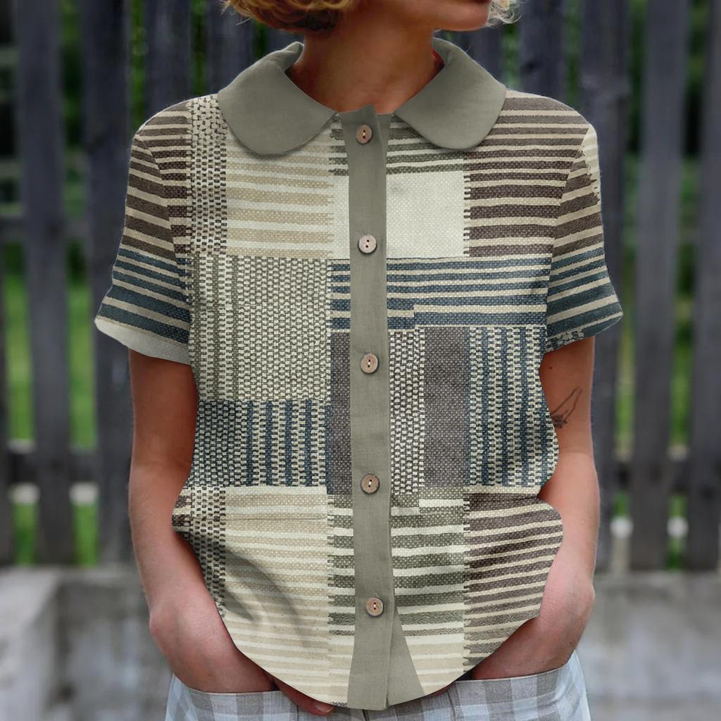 Women's Casual Fashionable Printing O Neck Button Short Sleeved Top