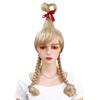 Women Wig Blonde with Red Bow Long Braids