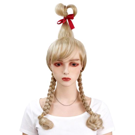 Women Wig Blonde with Red Bow Long Braids
