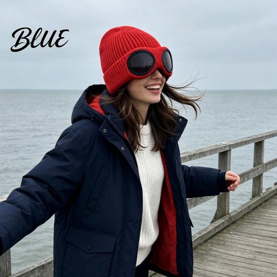 Caldo Berretto Morbido in Acrilico Lavorato a Maglia con Occhiali Unisex Cappello Invernale Foderato in Pile Antivento Termico Cuffia per Ciclismo Sci Moda da Strada