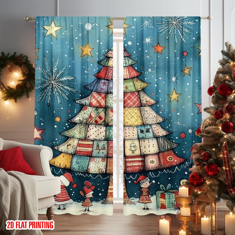 2pcs 2D Flat Printing Merry Christmas Curtain Christmas Tree6 Durable 100% Polyester Fabric Without Electricity Festive Wall