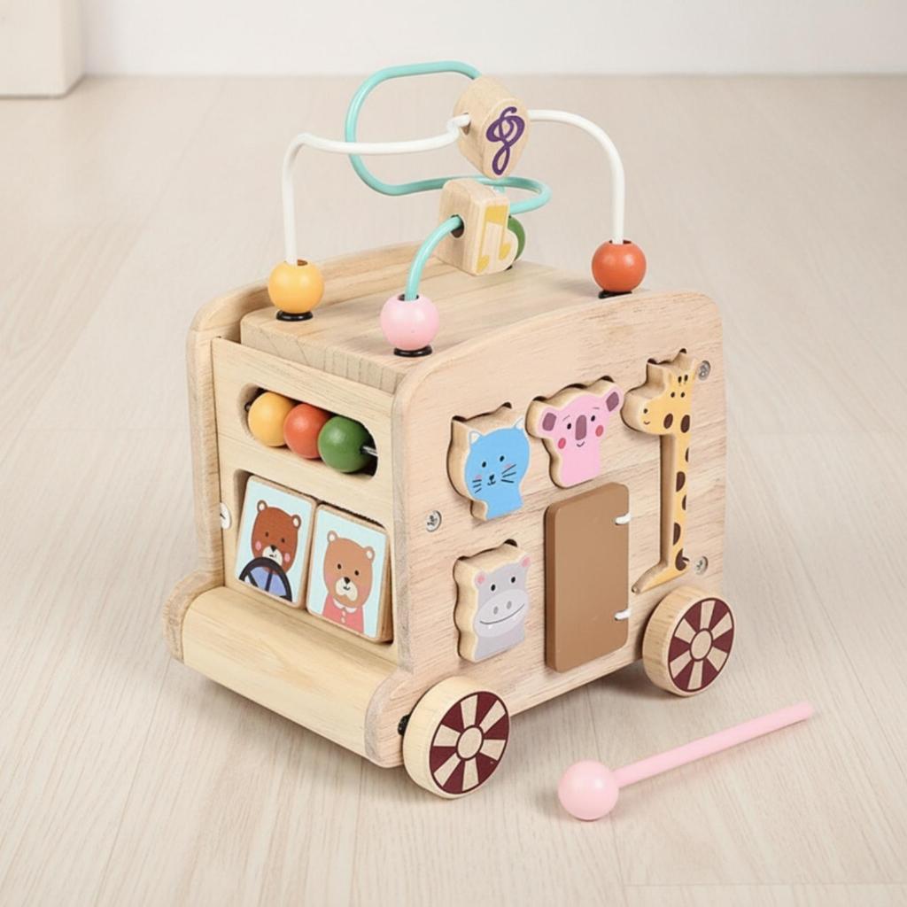 Wooden Activity Bus Multifunctional Shape Sorter with Beads Educational