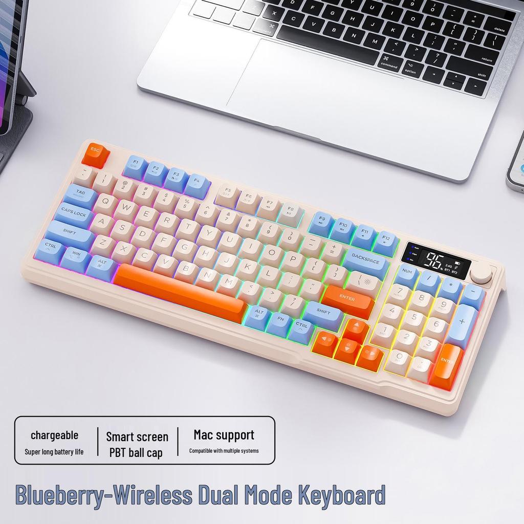 Free Wolf M96 Dual-Mode Wireless Bluetooth Keyboard: PBT Spherical Keycaps, Display Screen, Knob Control, Mechanical Feel, Gaming-Ready.