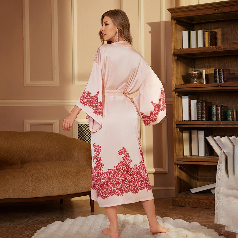 Luxury Spring Satin Bath Robe for Women Long Sleeve Full Length Bridal Morning Sleep Robe