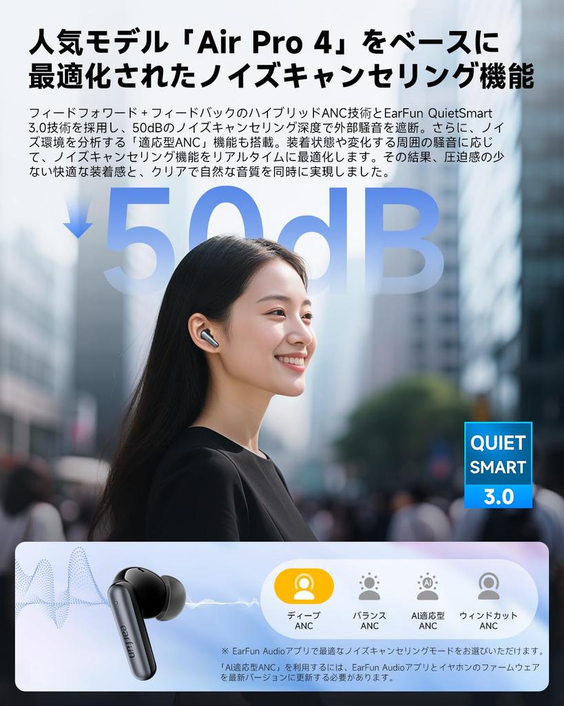 2025 SUMMER Gold Award EarFun Air Pro 4i Wireless Bluetooth 50dB Hybrid LDAC 3D 11mm Titanium Composite Diaphragm Up to 40 Hours of AI Wireless IP55