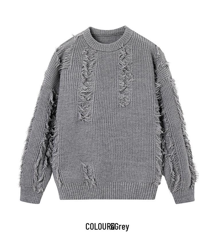 Unisex Fringe Textured Sweater, Loose Round Neck Knitwear - Japanese Lazy Style, Perfect for Autumn/Winter