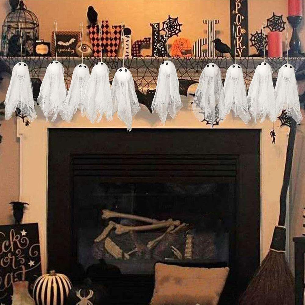 10pcs White Halloween Ghost Gauze Pendant DIY Novelty Spooky Ghost Decor Decorative Flying Ghost Pendant Porch Decor