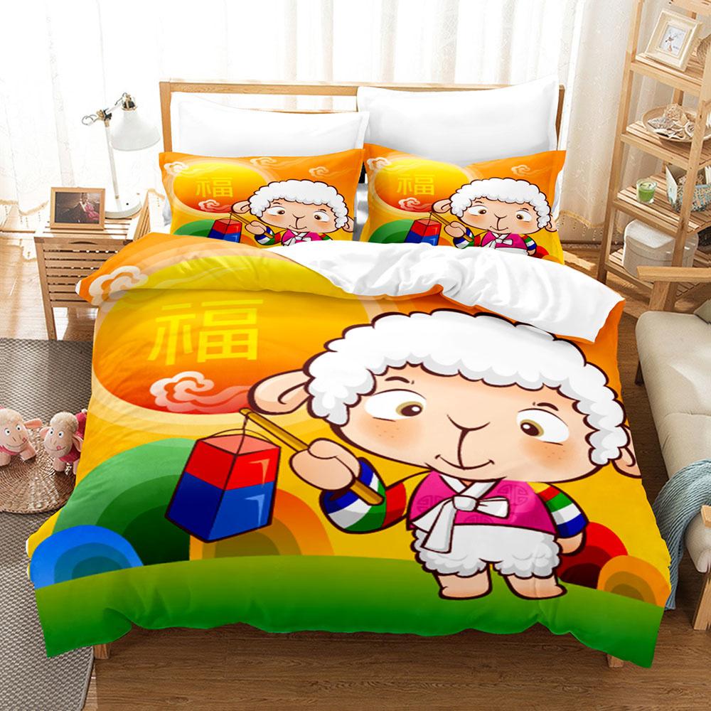 Cartoon Sheep Duvet Cover Set Cute White Sheep Flowers Pattern King Queen Full Size For Kids Boy Girl Gift Polyester Bedding Set