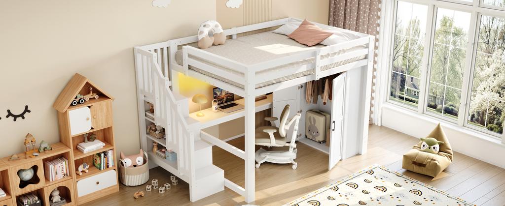 140x200 Loft Bed with Desk and Shelf, Wardrobe, Storage Stairs, USB and LED Lights, White