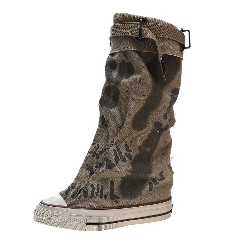 Fashion Graffiti High Top Canvas Shoes Women's Spring Boots Wide Barrel Mid Barrel Boots 2024 New Trouser Barrel Stacking Boots
