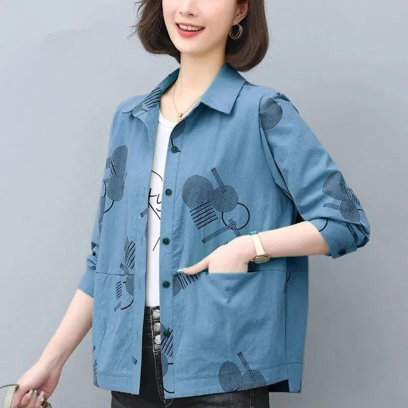 Mom's Fashion Printed Shirt Women's Long Sleeve Loose Casual Blouse Outerwear for Spring and Autumn