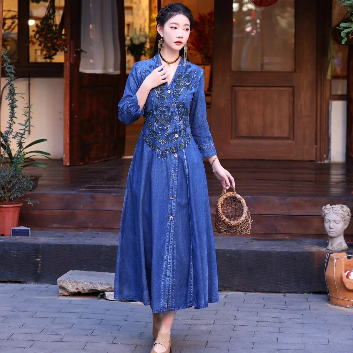 

Johnature женское весеннее однобортное винтажное платье трапециевидной формы с длинными рукавами и нишевое платье модное хлопковое платье с v-образным вырезом и вышивкой L синий