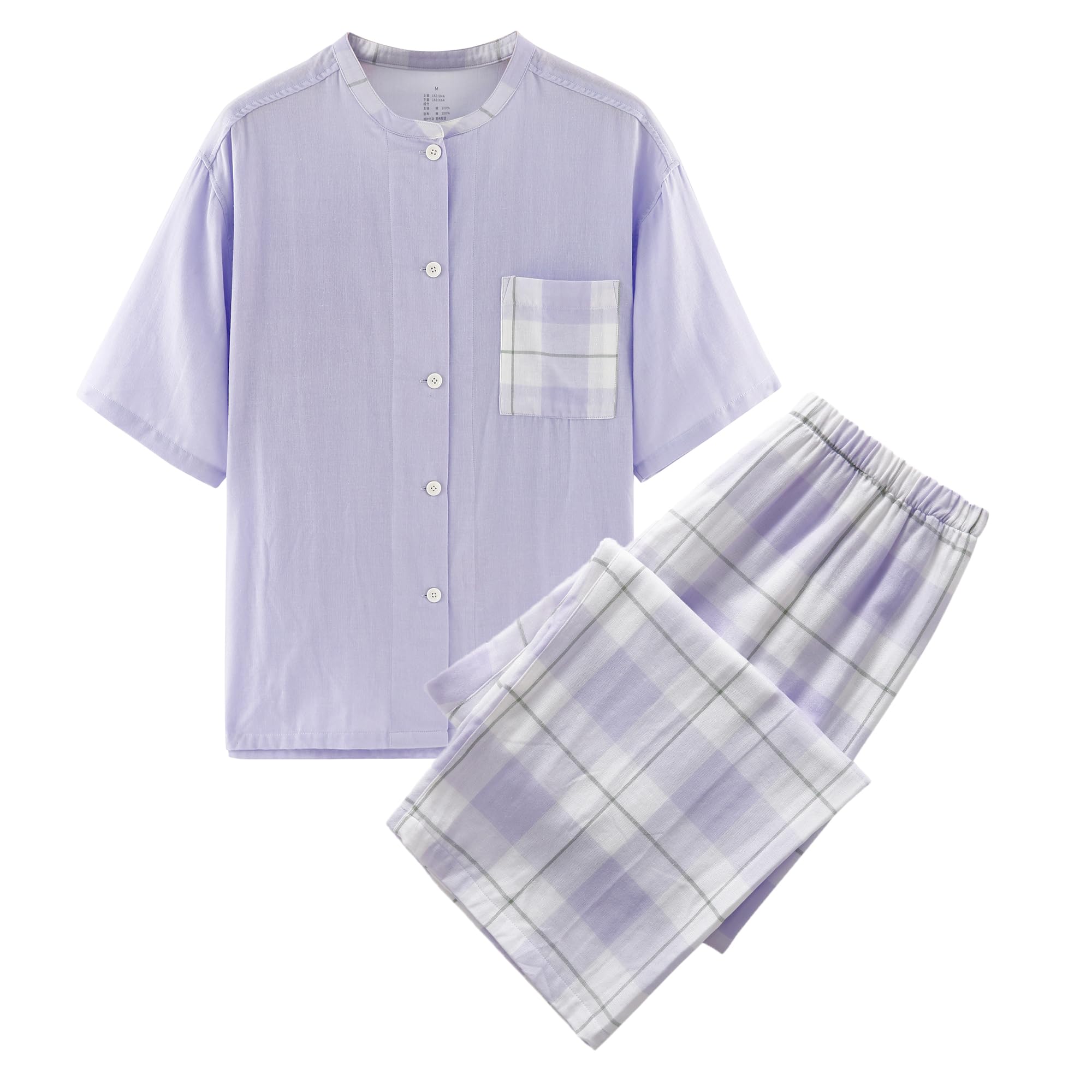 

RAKUYUME Short Sleeve Double Top and Bottom Cropped Summer Women s Pajamas, 100% Cotton, Gauze, Skin-Friendly Set, Pants, Loungewear,