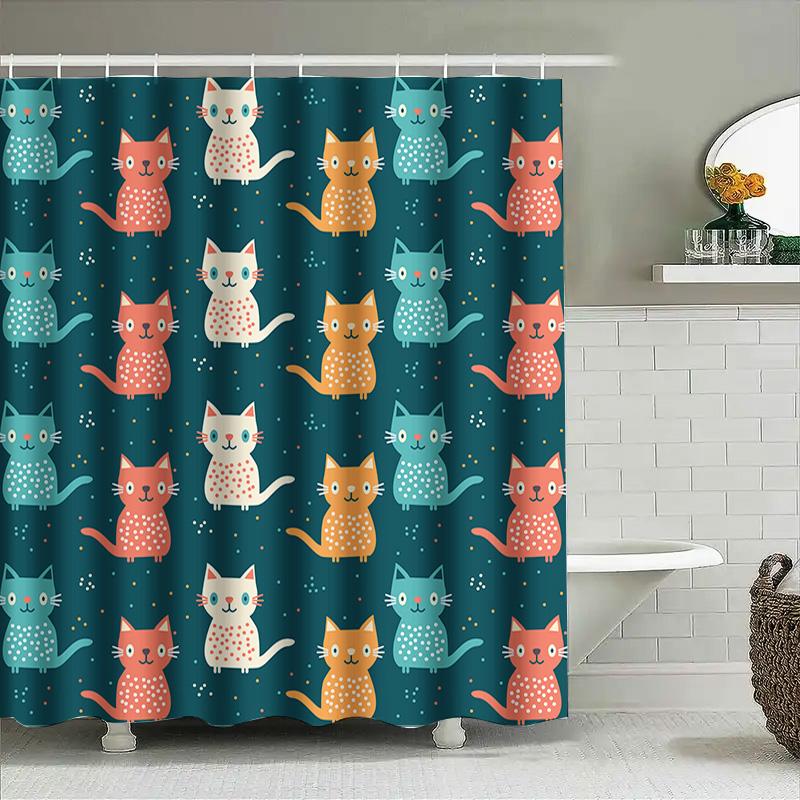 Colorful Cat Shower Curtain Modern Bathroom Decor For Kids Room Polyester Fabric Waterproof Liner With Hooks 72 X 84 Inches