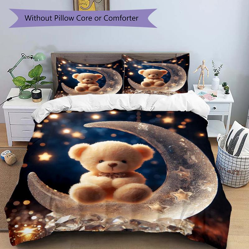 3pcs Christmas Festival Gift - Cute Teddy Bear Moon Bedding Set with One Quilt Cover and Two Pillowcases (No Core) - Home Decor, Anime Carto