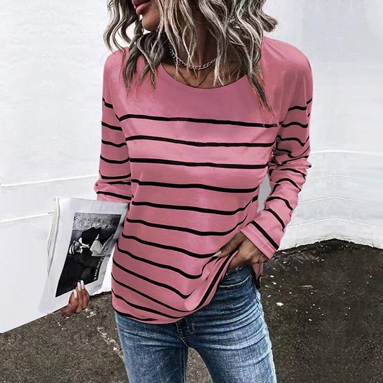 Spring and Autumn Round Neck 3D Stripe Printed Top Fashionable Casual Minimalist Long Sleeved Women's T-shirts