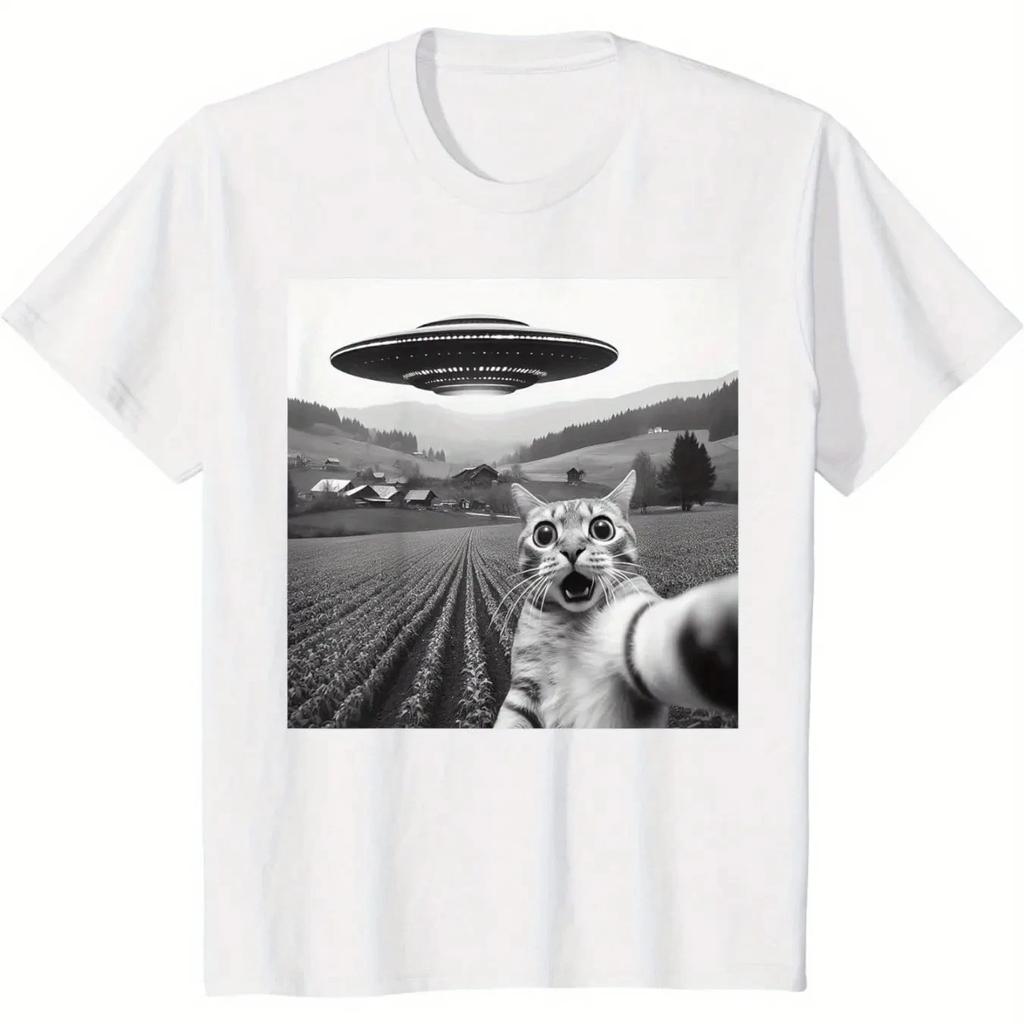 2025 UFO and Cat Pattern Print Tshirt Women Men Summer Casual Loose Humorous Round Neck Short Sleeve Oversize Top Tshirt Unisex