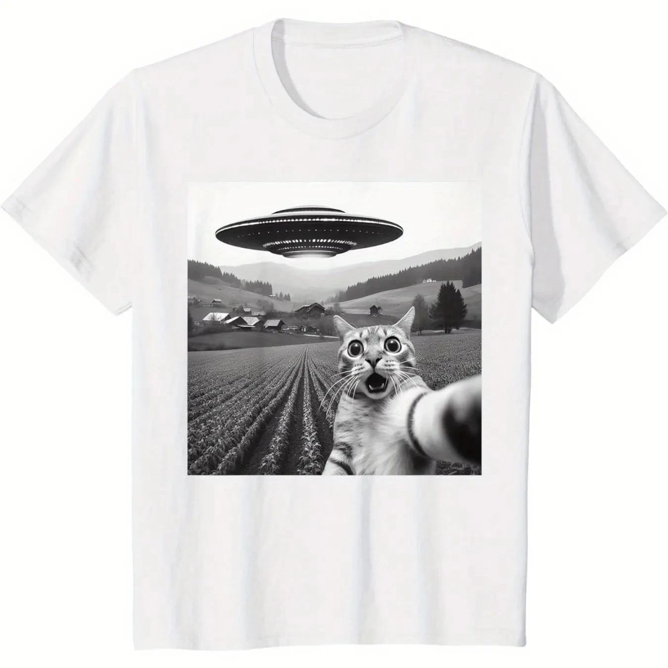 

2025 UFO and Cat Pattern Print Tshirt Women Men Summer Casual Loose Humorous Round Neck Short Sleeve Oversize Top Tshirt Unisex S