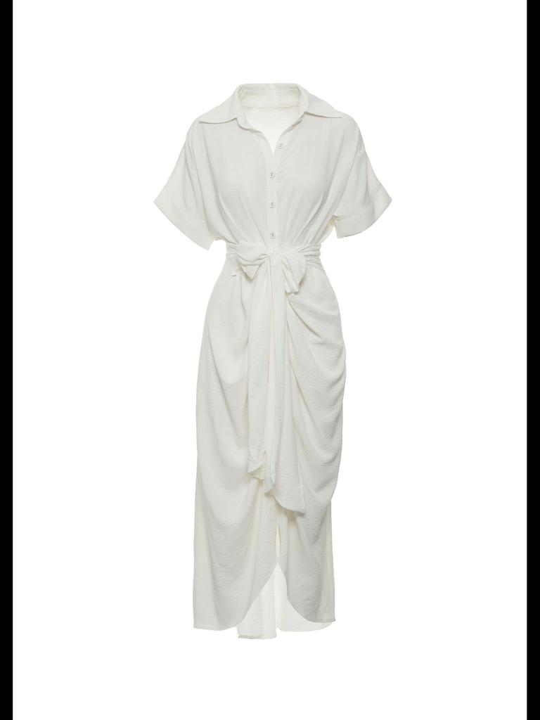 Evropské a americké dámské košilové šaty s klopami a vysokým pasem na rok 2025 - středně dlouhé, s krátkým rukávem, módní jednořadé zapínání