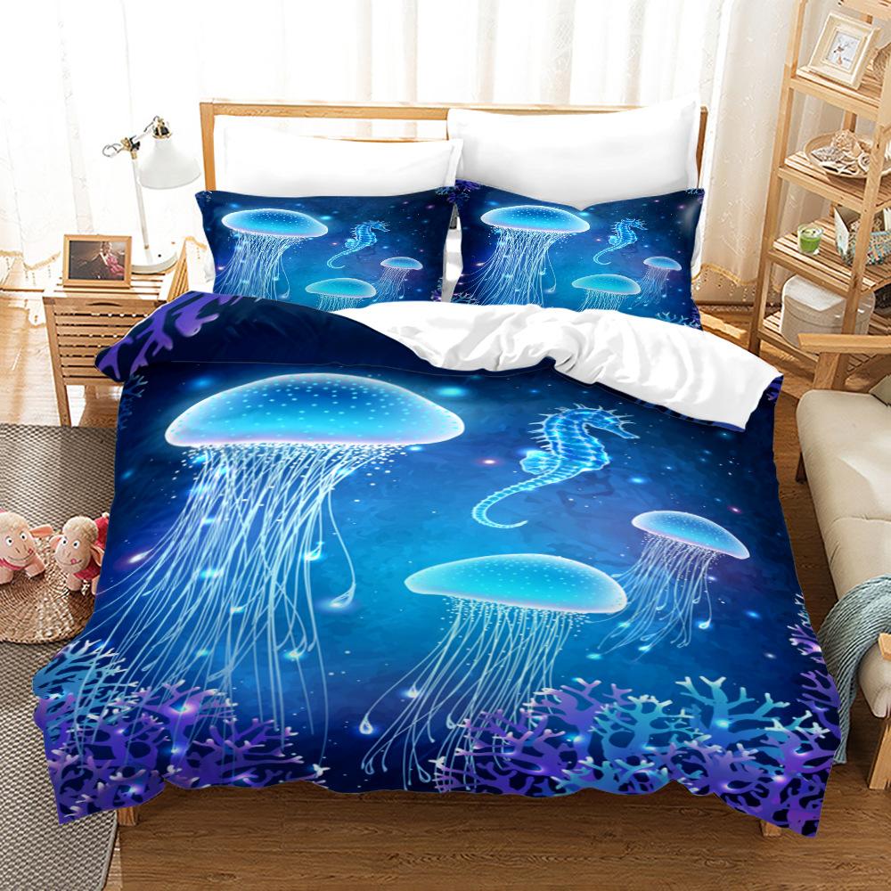 Blue Undersea World Bedding Set Dolphin Turtle Jellyfish Cozy Brushed Polyester Duvet Cover King Queen Twin Single Size Birthday