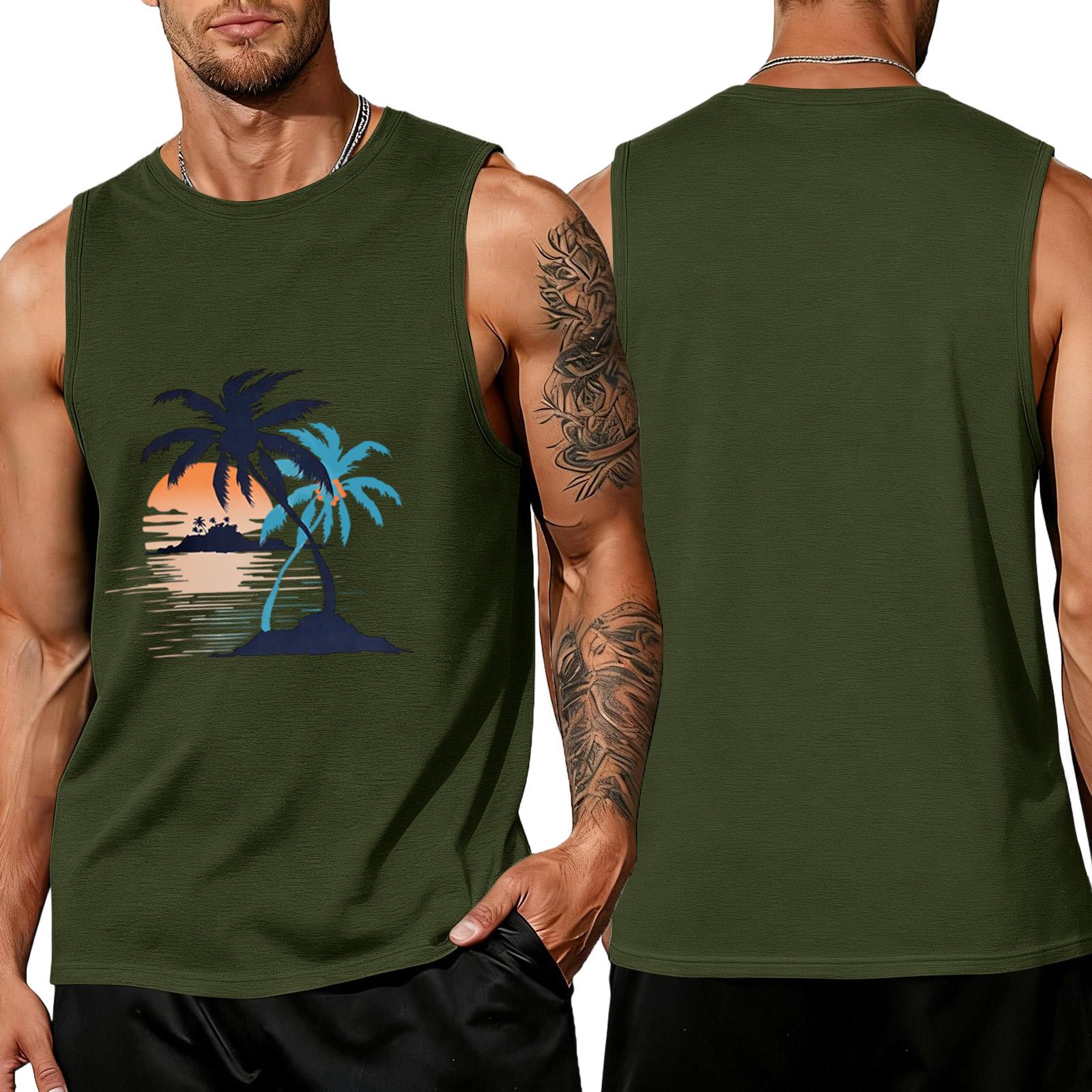 Men s loose and casual Hawaiian print sleeveless shirt L