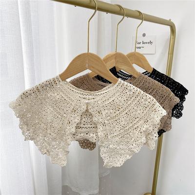 Women Hollow Out Crochet Fake Collar Floral Lace Solid Color Lolita Big Shawl Detachable Button Short Poncho Capelet