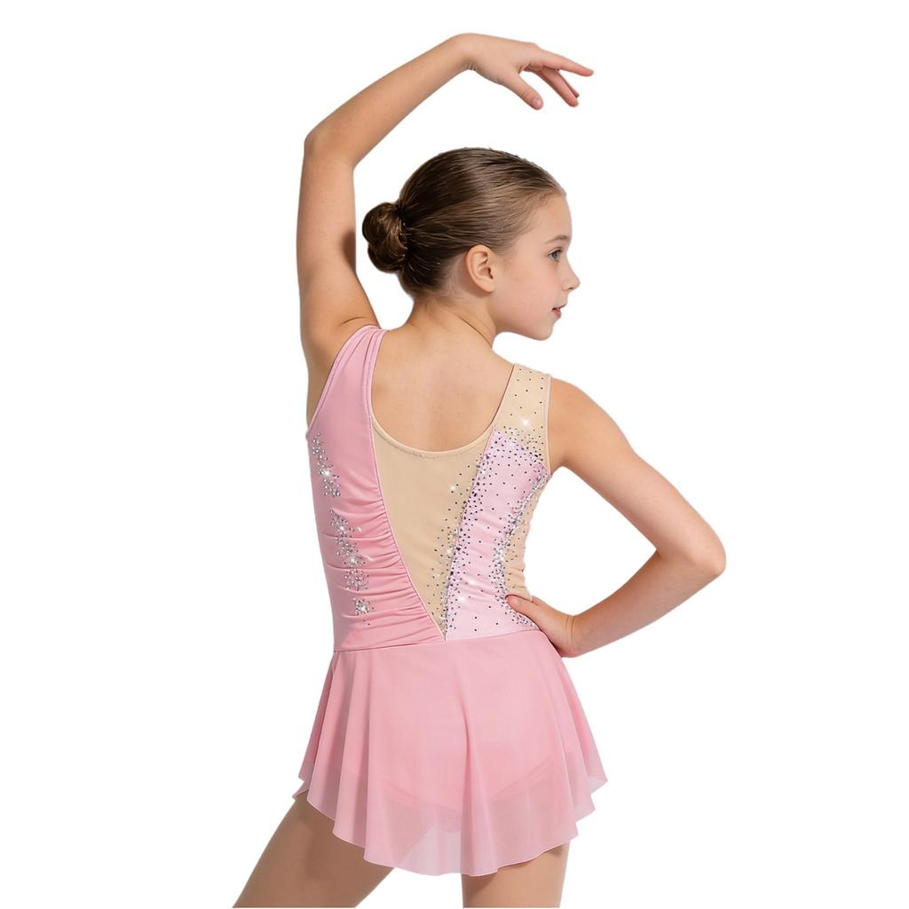 Girls Figure Skating Dress Sleeveless Sparkly Rhinestones Ruched Mesh Built In Briefs Dancewear