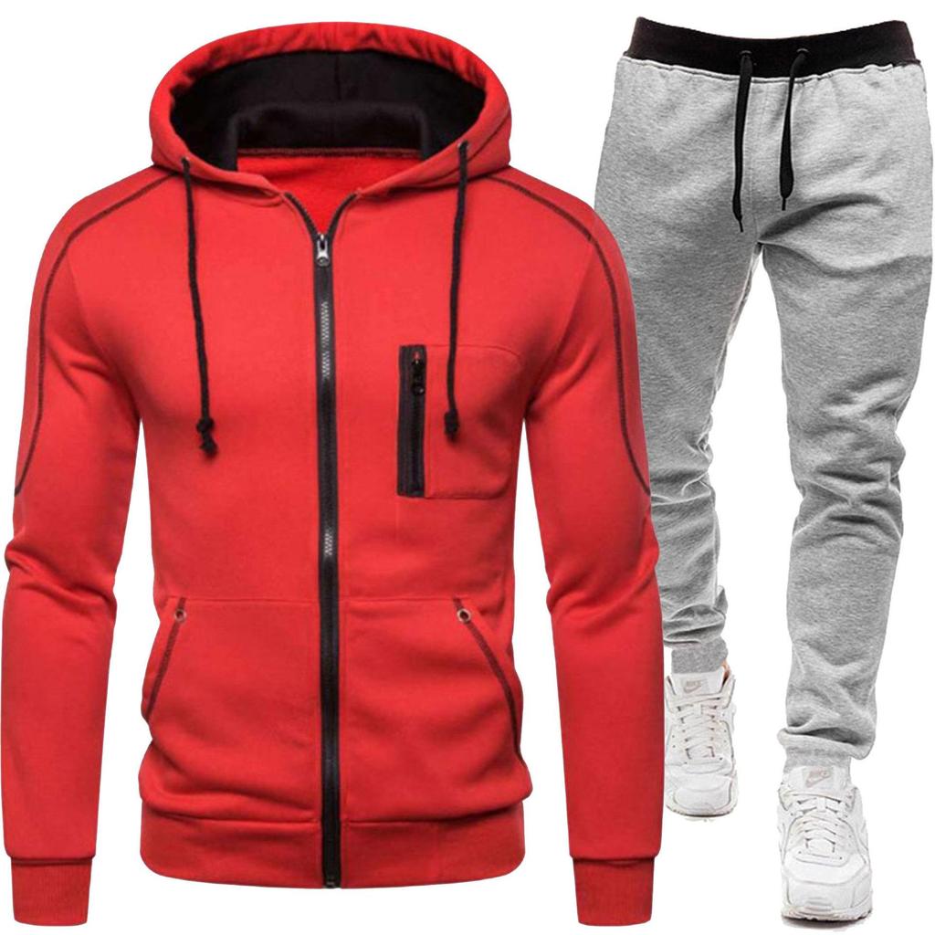 2026 Men's Casual Zipper Hoodie & Sweatpants Set - Solid Color