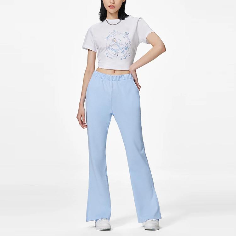 Li Ning X Disney Collaboration Disney Alice Series SS22 Solid Color Casual Flared Knit Sports Pants Women Bottoms Blue AKXS854-1
