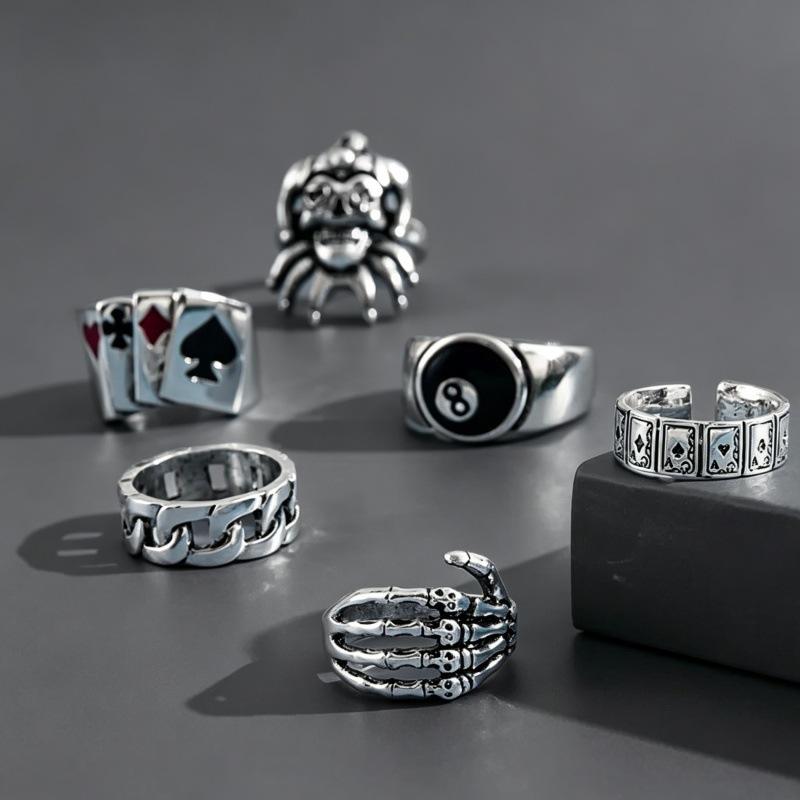 6Pcs Men Punk Poker Joker Silver Color Rings for Men Goth Skeleton Billiards Set Couple Emo New Fashion Jewelry Anillos Hombre