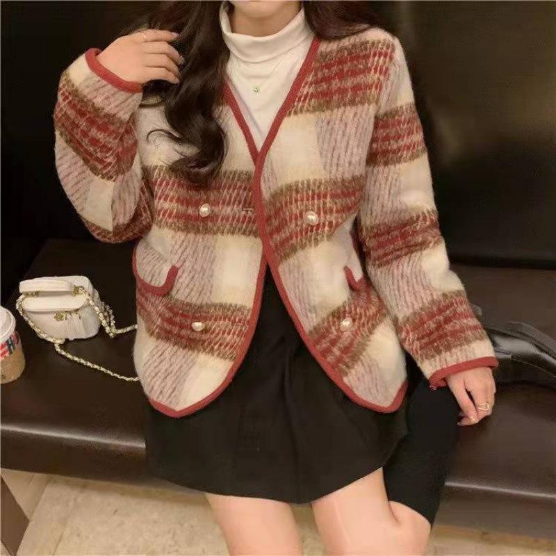Christmas Woolen Coat Women's New Winter Velvet Thickened V-neck Plaid Small Foreign Style Long-sleeved Top