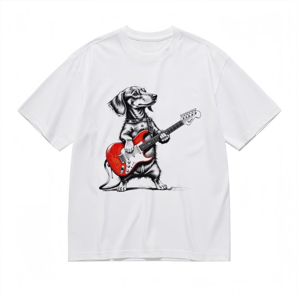 Women's Fashion Slight Stretch Classic T-Shirt Dog Guitarist Red Instrument Tee