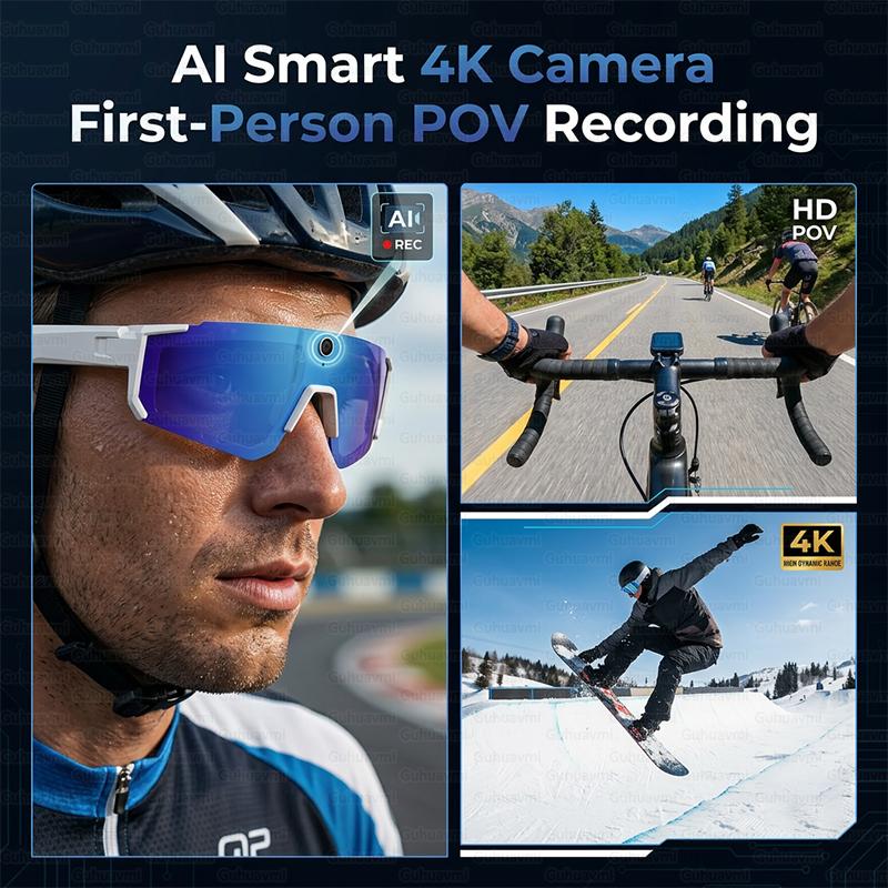 Occhiali Sportivi Intelligenti da Uomo con Fotocamera HD da 32MP, Chiamate Bluetooth, Audio a 360°, Occhiali da Sole da Ciclismo, Assistente AI, Riprese Anti-shake, Nuovi