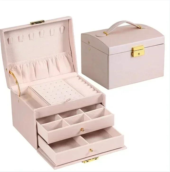 Three Drawer Handheld Jewellery Box Earring Ring Necklace Storage PU Leather Jewellery Display Box With Security Key Lock Amagi