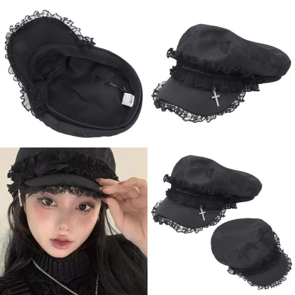Cool Black Lace Beret Caps Millennium Outdoor Sun Hat Fashion Y2K Hat Girl  For Adult