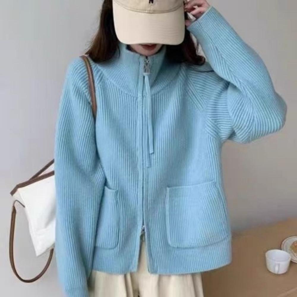 New Autumn and Winter Stand-up Collar, Double Zipper, Long-sleeved, Loose, Large-sized, Laid-back Style Knitted Cardigan Sweater for Women