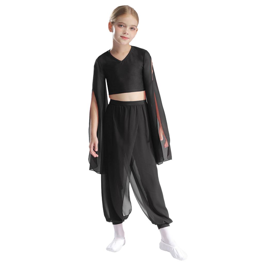 Girls Classical Dance Set V Neck Crop Top Flared Sleeves Design with Practice Pants Performance Outfit