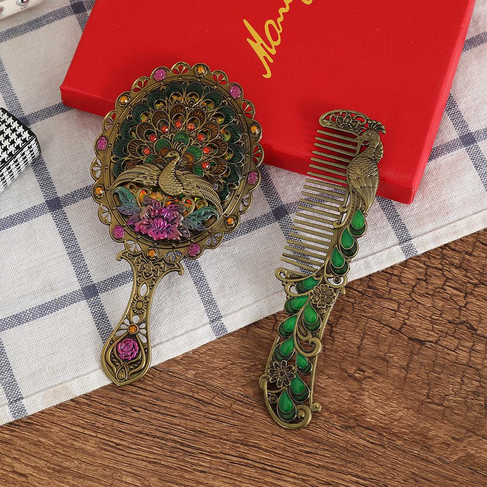 1set Vintage Peacock Makeup Mirror and Comb Women Portable Handheld Travel Vanity Mirror Elegant Retro Design